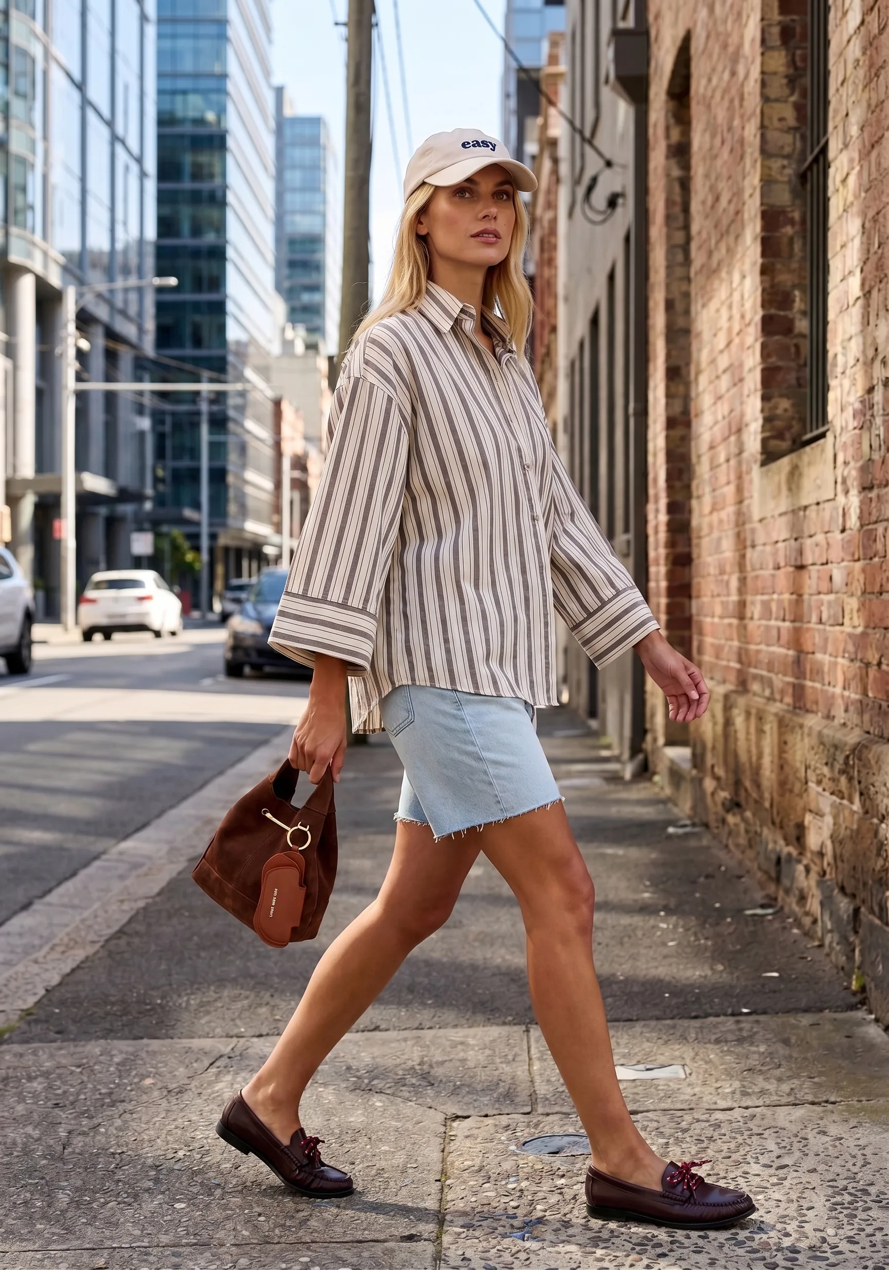 Lança Perfume Easy — look urbano, camisa listrada oversized e saia jeans