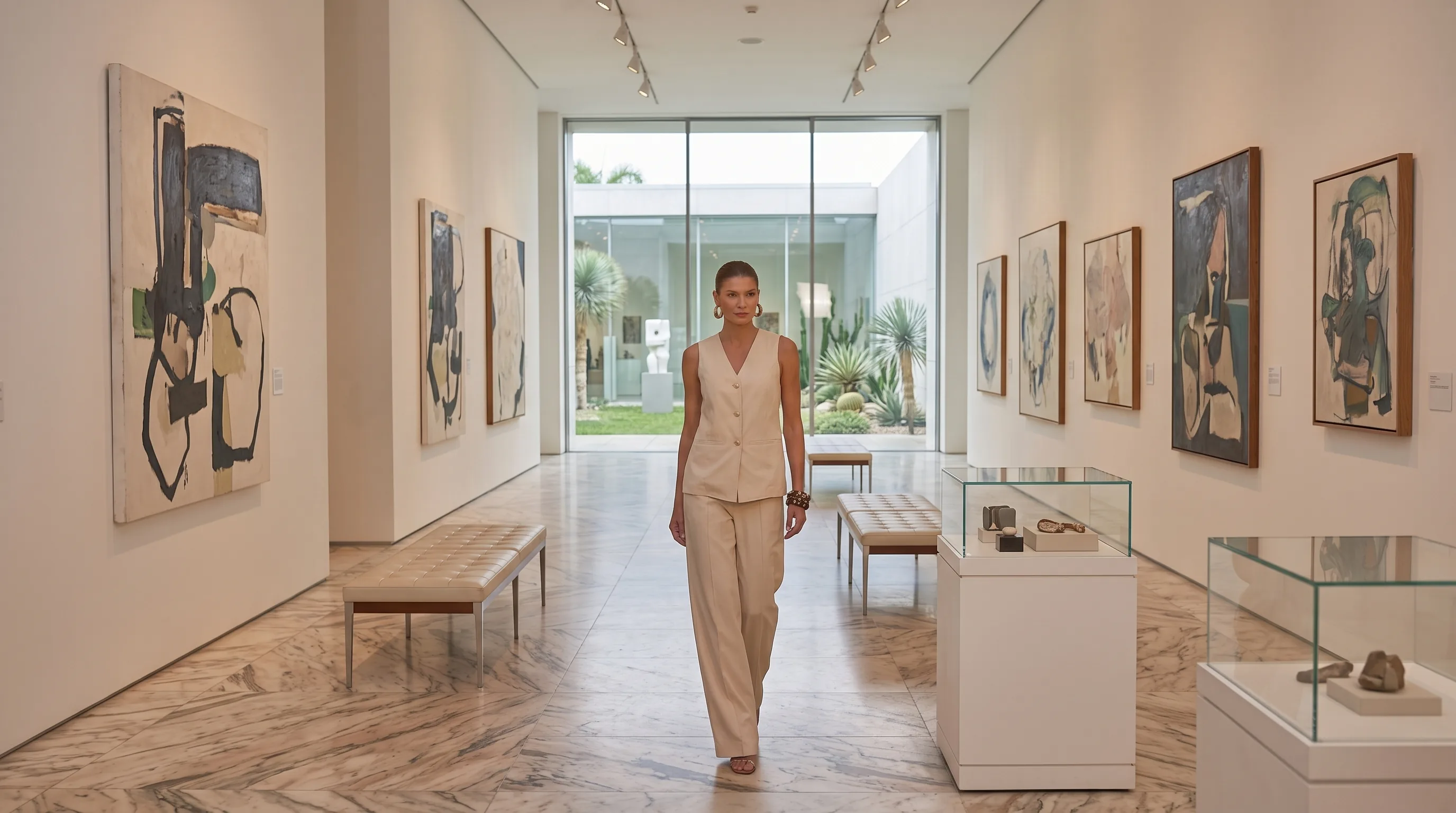 Linzzi — conjunto off-white colete + calça wide leg, galeria de arte
