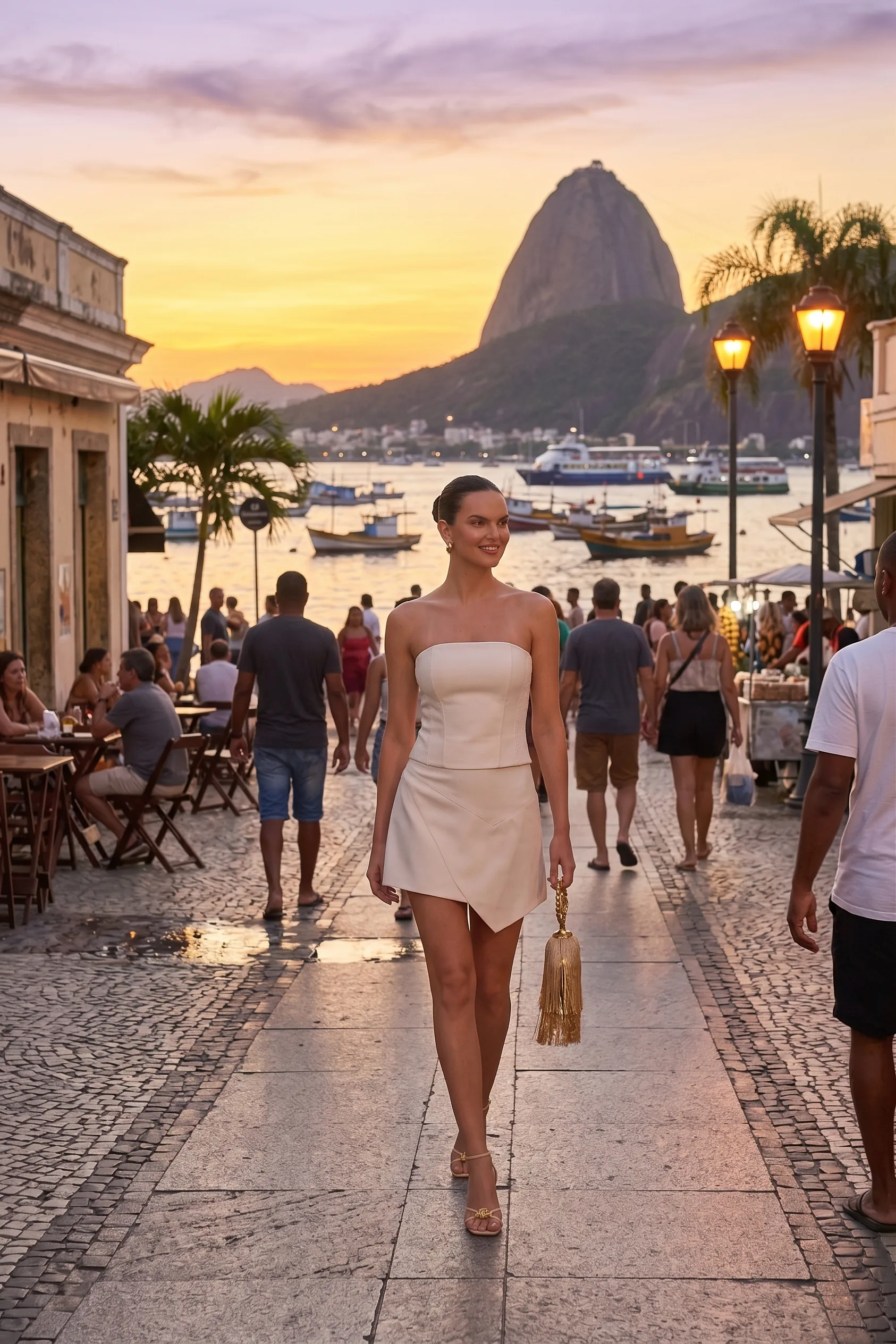 Linzzi — conjunto creme strapless + mini assimétrico, pôr do sol no Rio de Janeiro